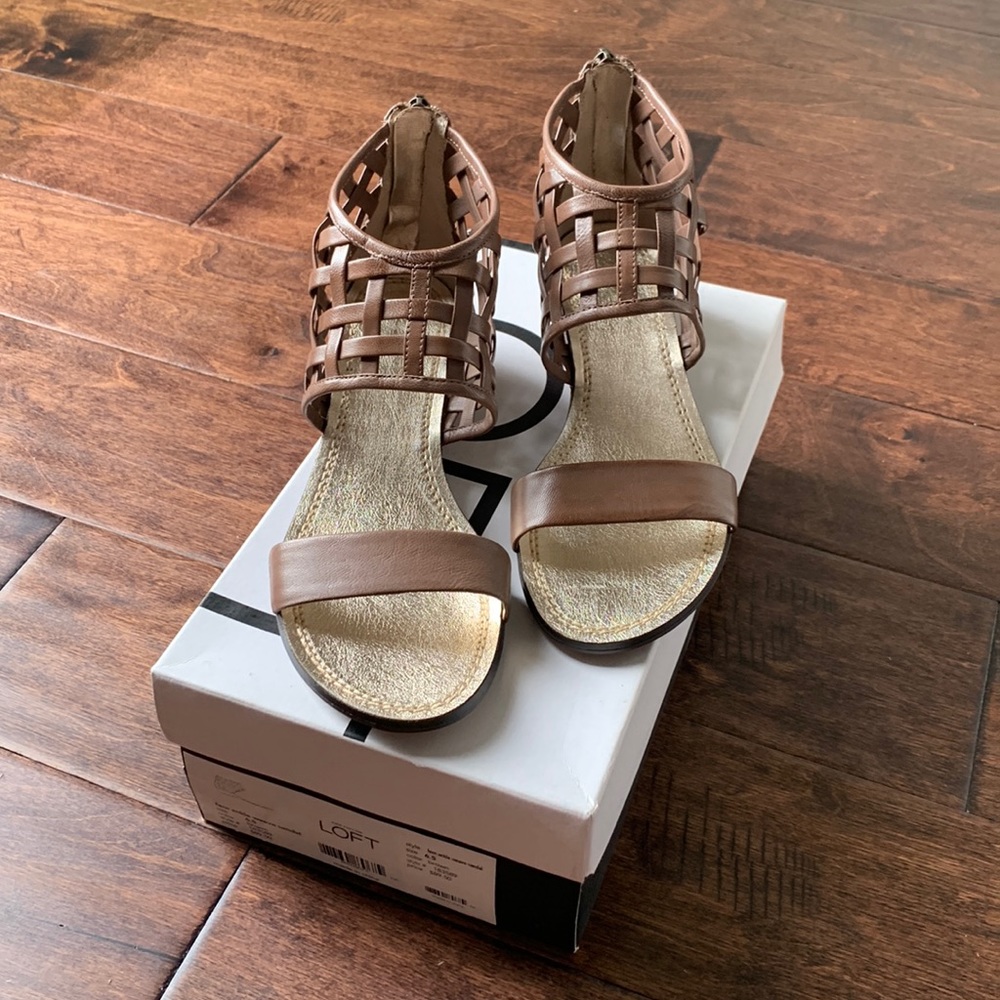 NIB LOFT Brown Fern Leather Ankle Weave Sandals Size 6.5